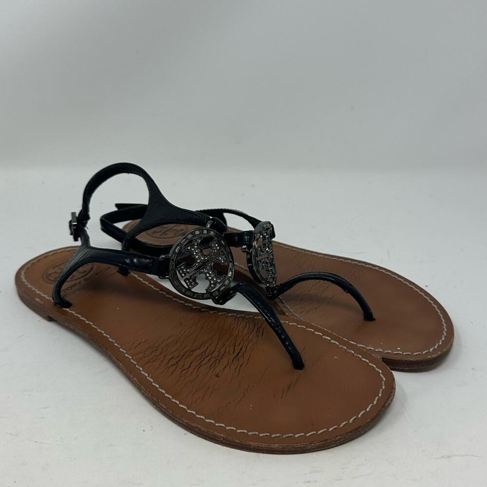 Tory Burch Violet Thong Sandals Black Crystal Logo Size 7.5 Leather Ankle Strap